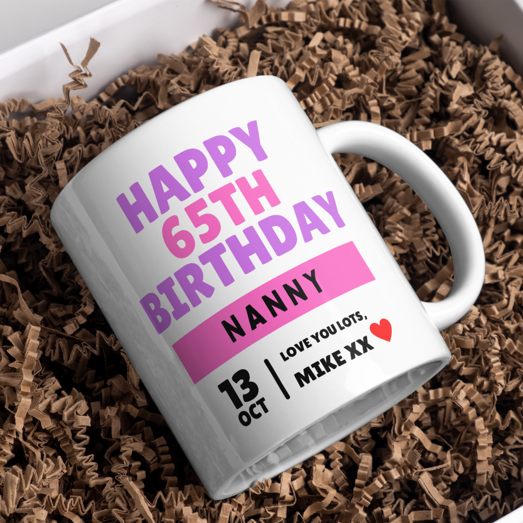 Happy 65th Birthday Nanny Mug – gift presentation on paper packing
