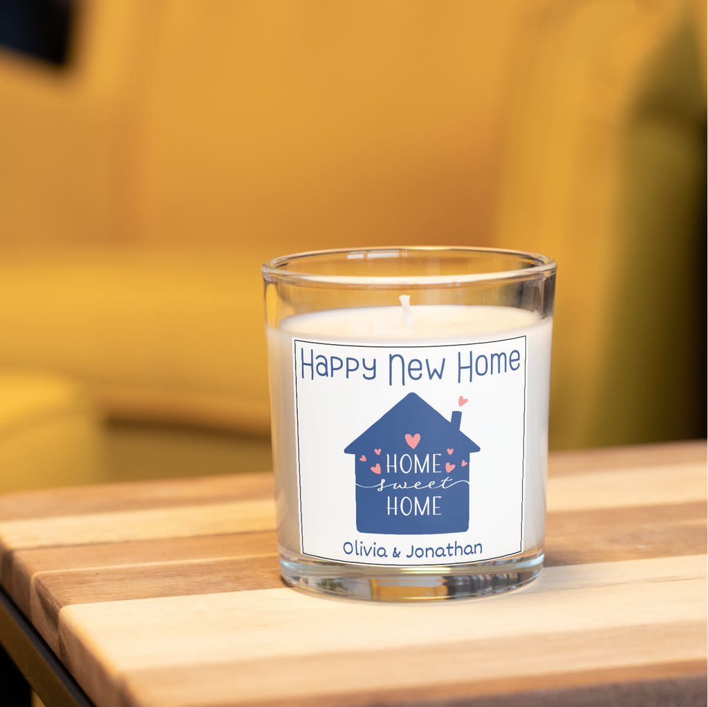 Personalised Happy New Home candle in a home setting