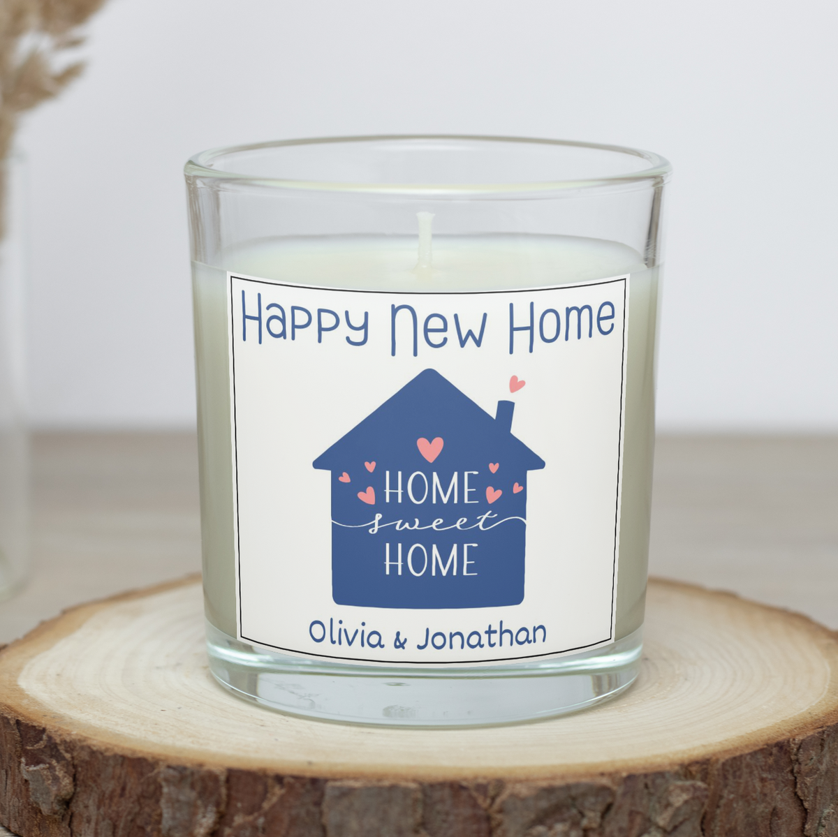 Personalised Happy New Home candle with Home Sweet Home house design