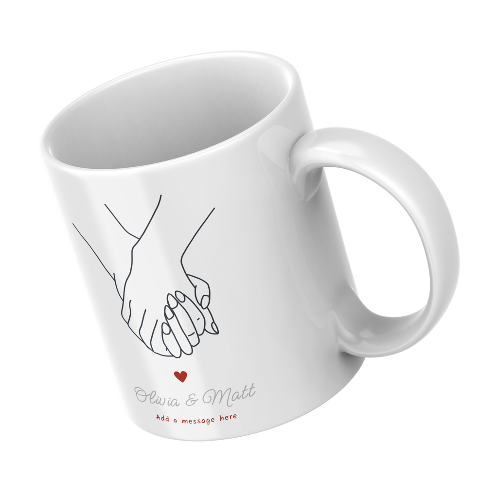 Holding Hands Engagement Mug – angled view