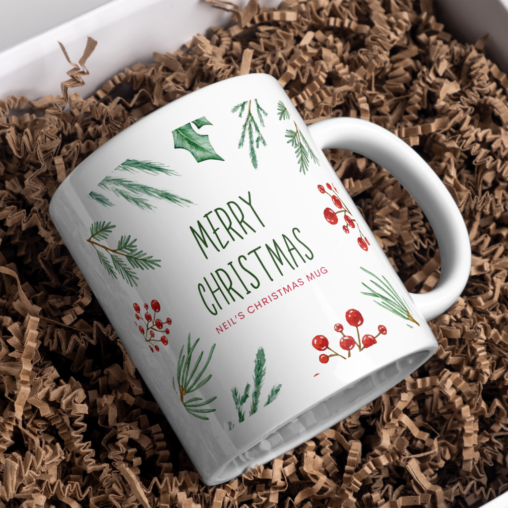 Holly and Pine Christmas Border Mug – gift presentation on paper packing