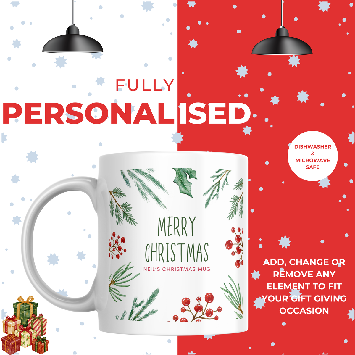 Holly and Pine Christmas Border Mug – personalisation information