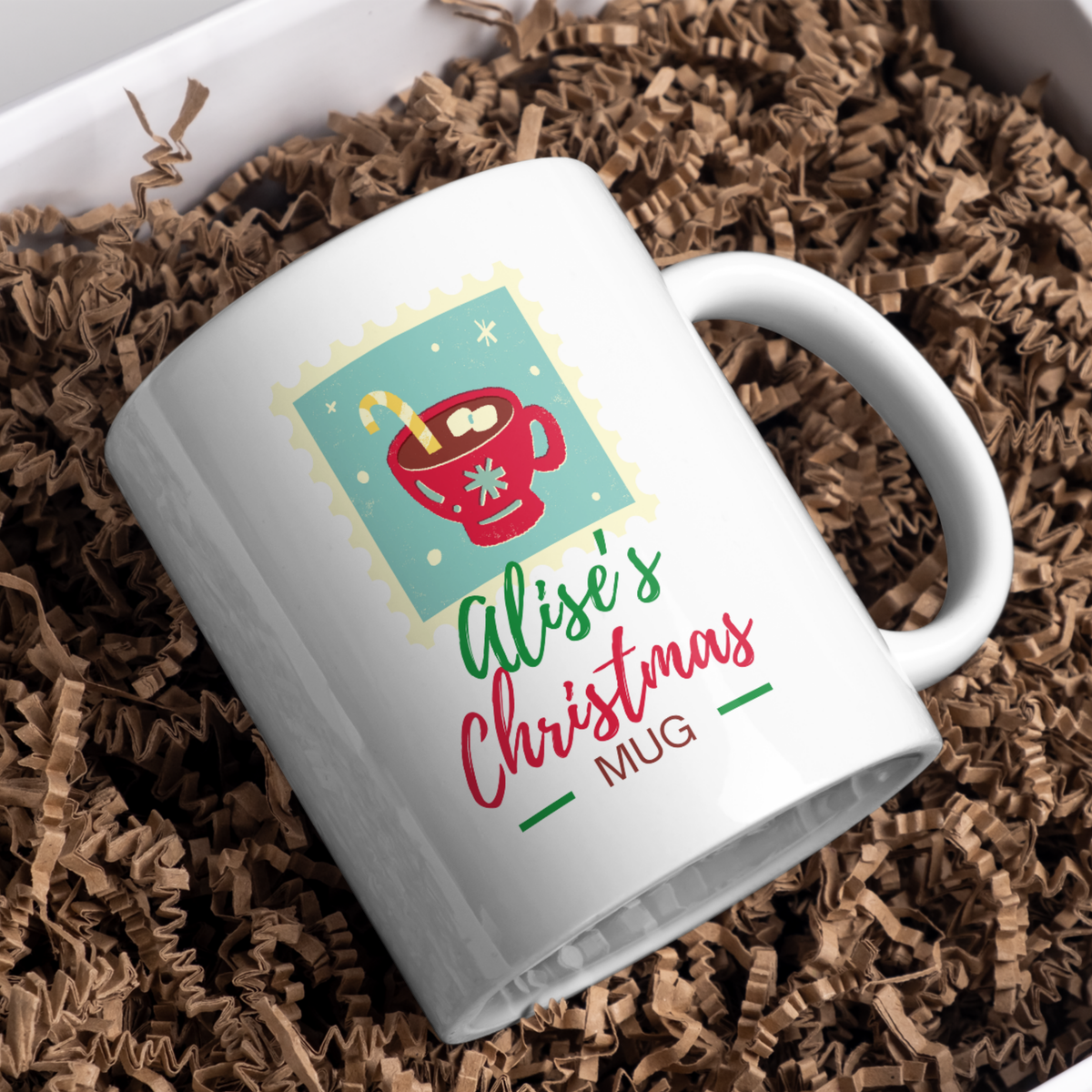 Hot Chocolate Name Christmas Mug – gift presentation on paper packing