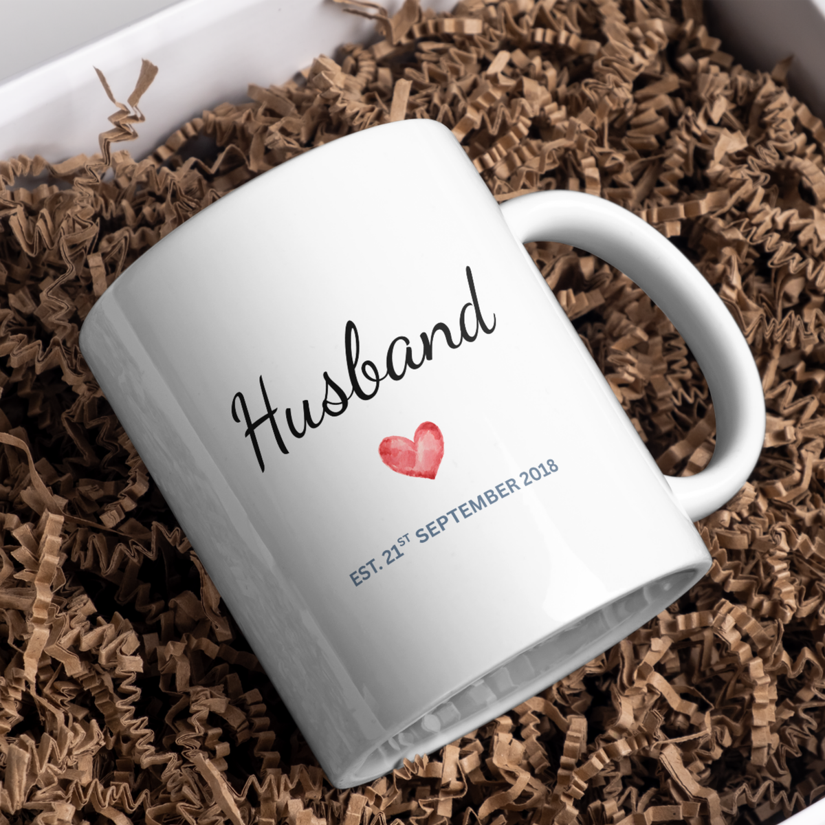 Husband Heart and Wedding Date Anniversary Mug – gift presentation on paper packing