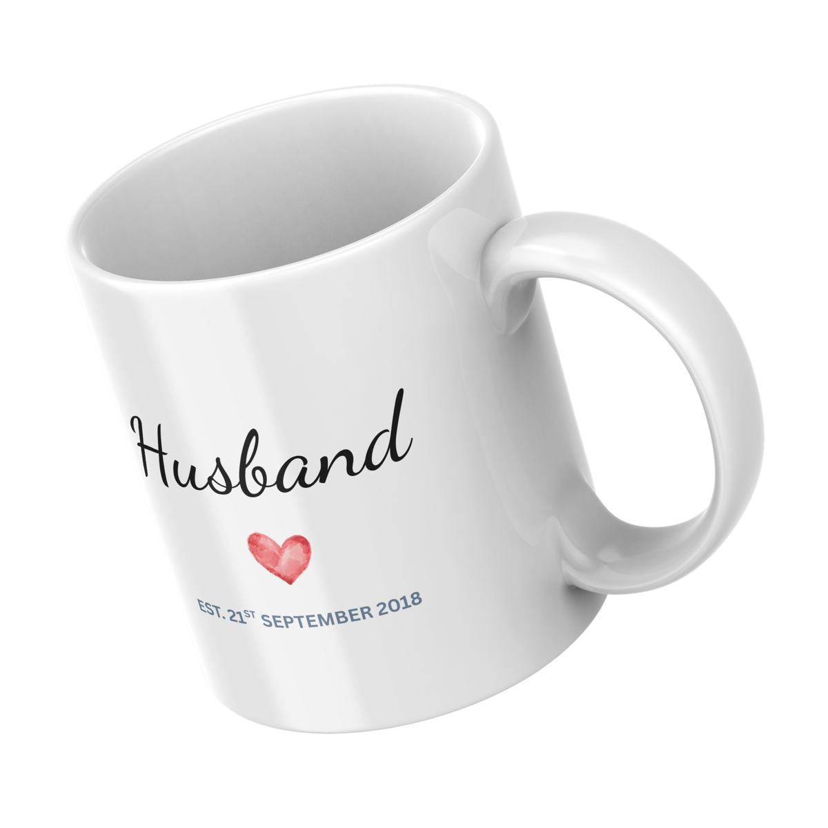 Husband Heart and Wedding Date Anniversary Mug – angled view