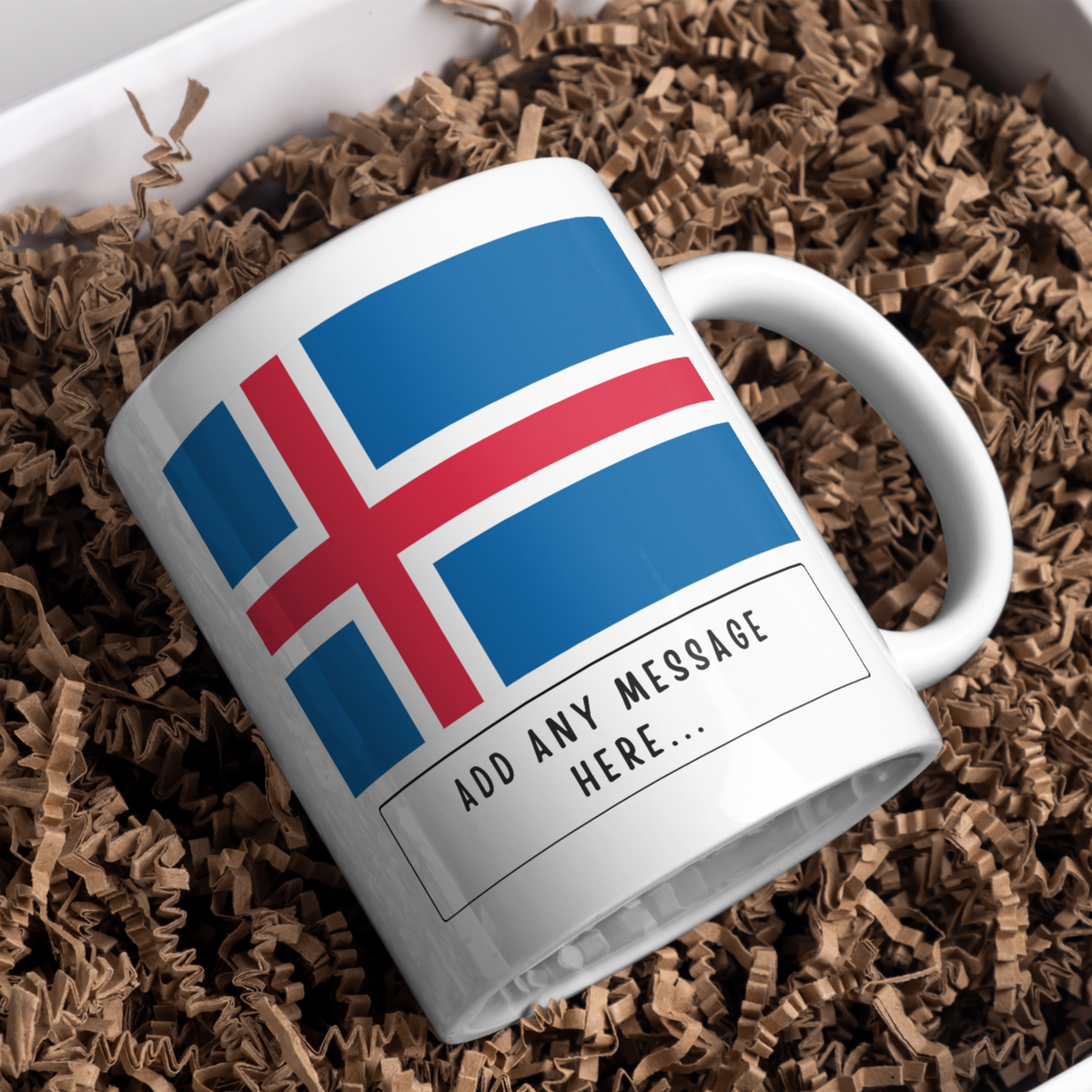 Personalised Iceland flag mug – gift presentation on paper packing