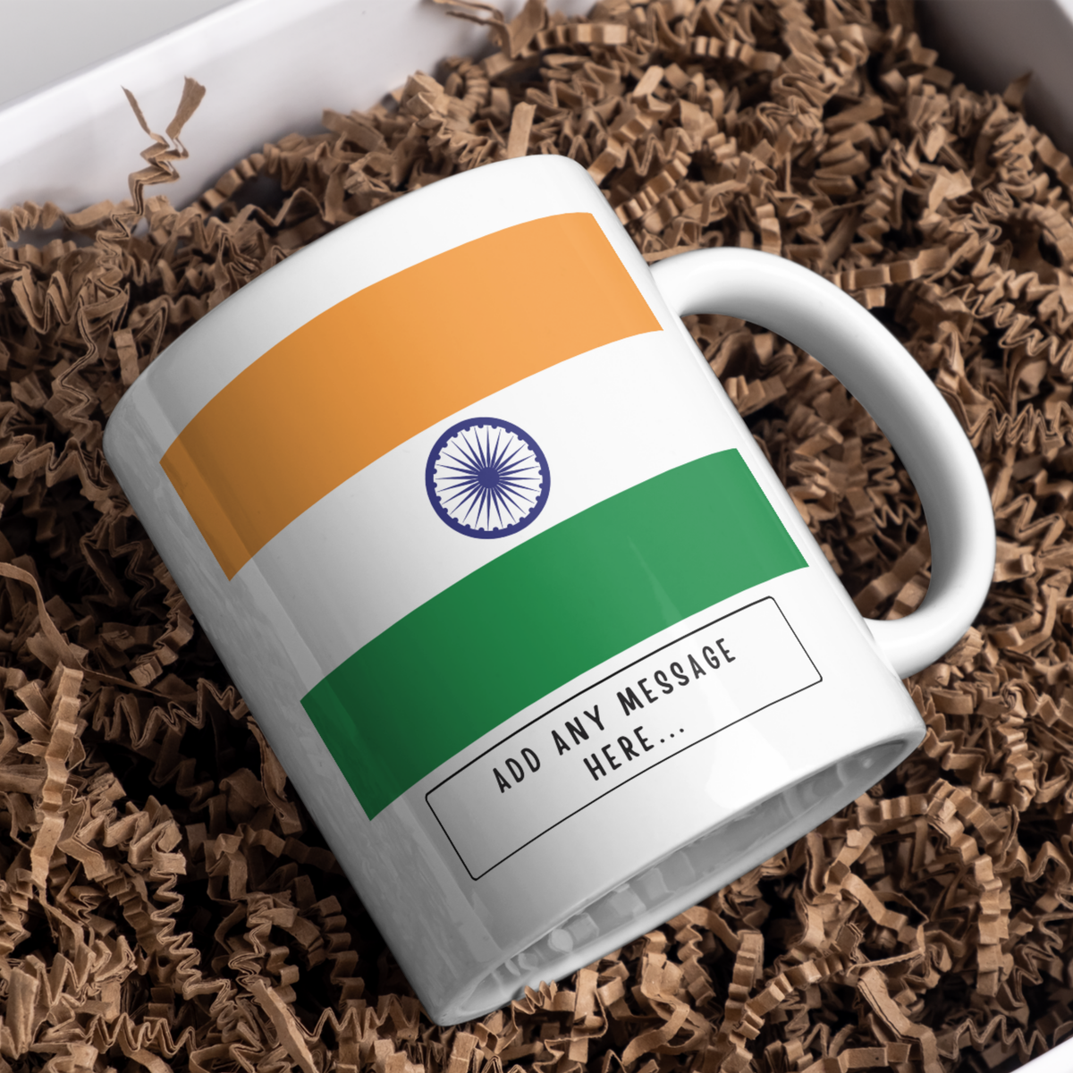 Personalised India flag mug – gift presentation on paper packing