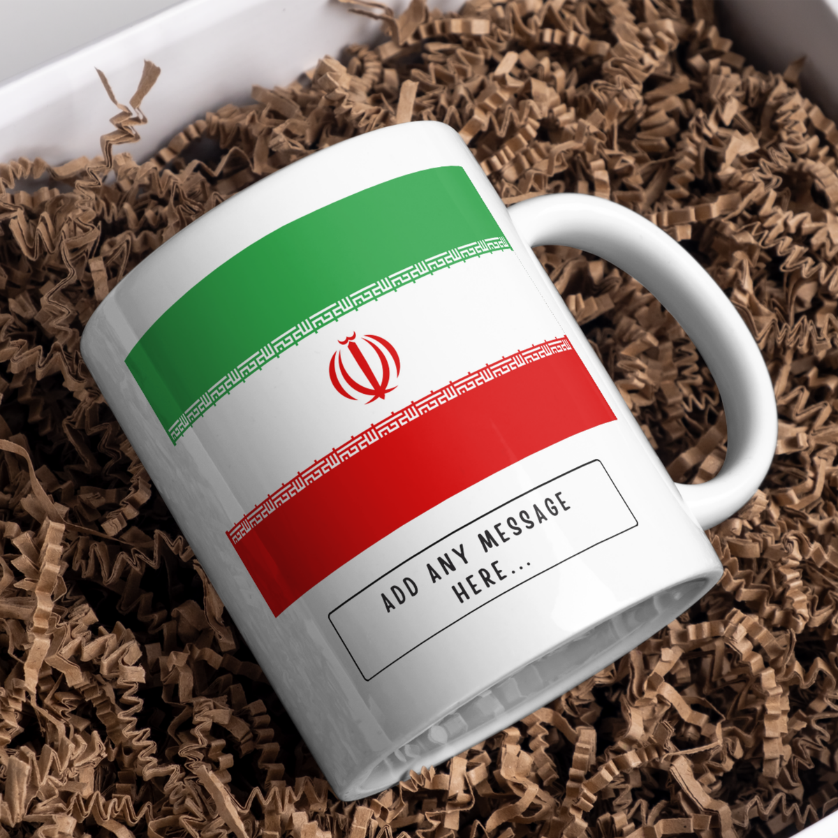 Personalised Iran flag mug – gift presentation on paper packing
