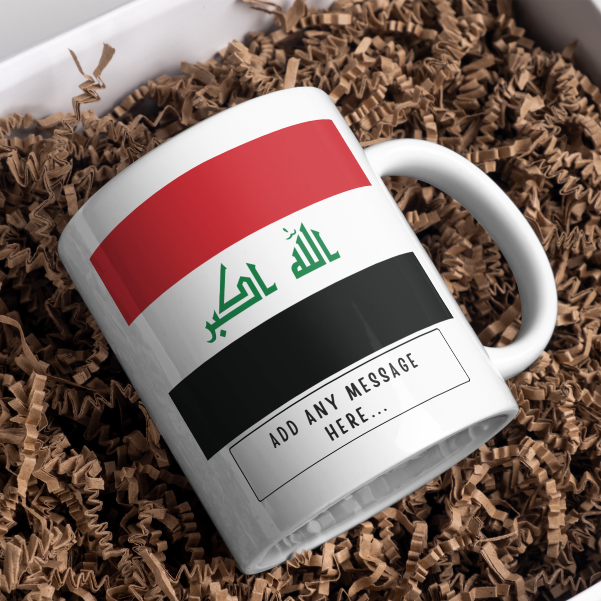 Personalised Iraq flag mug – gift presentation on paper packing