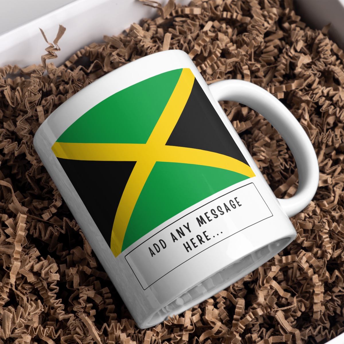 Personalised Jamaica flag mug – gift presentation on paper packing
