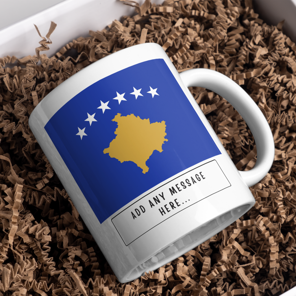 Personalised Kosovo flag mug – gift presentation on paper packing