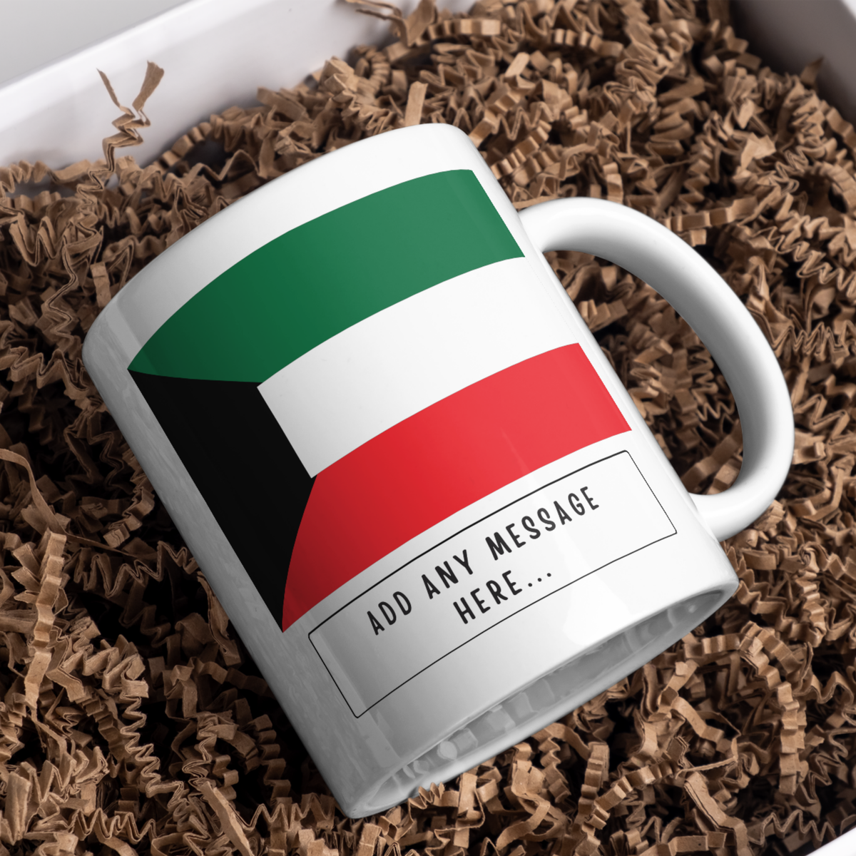 Personalised Kuwait flag mug – gift presentation on paper packing