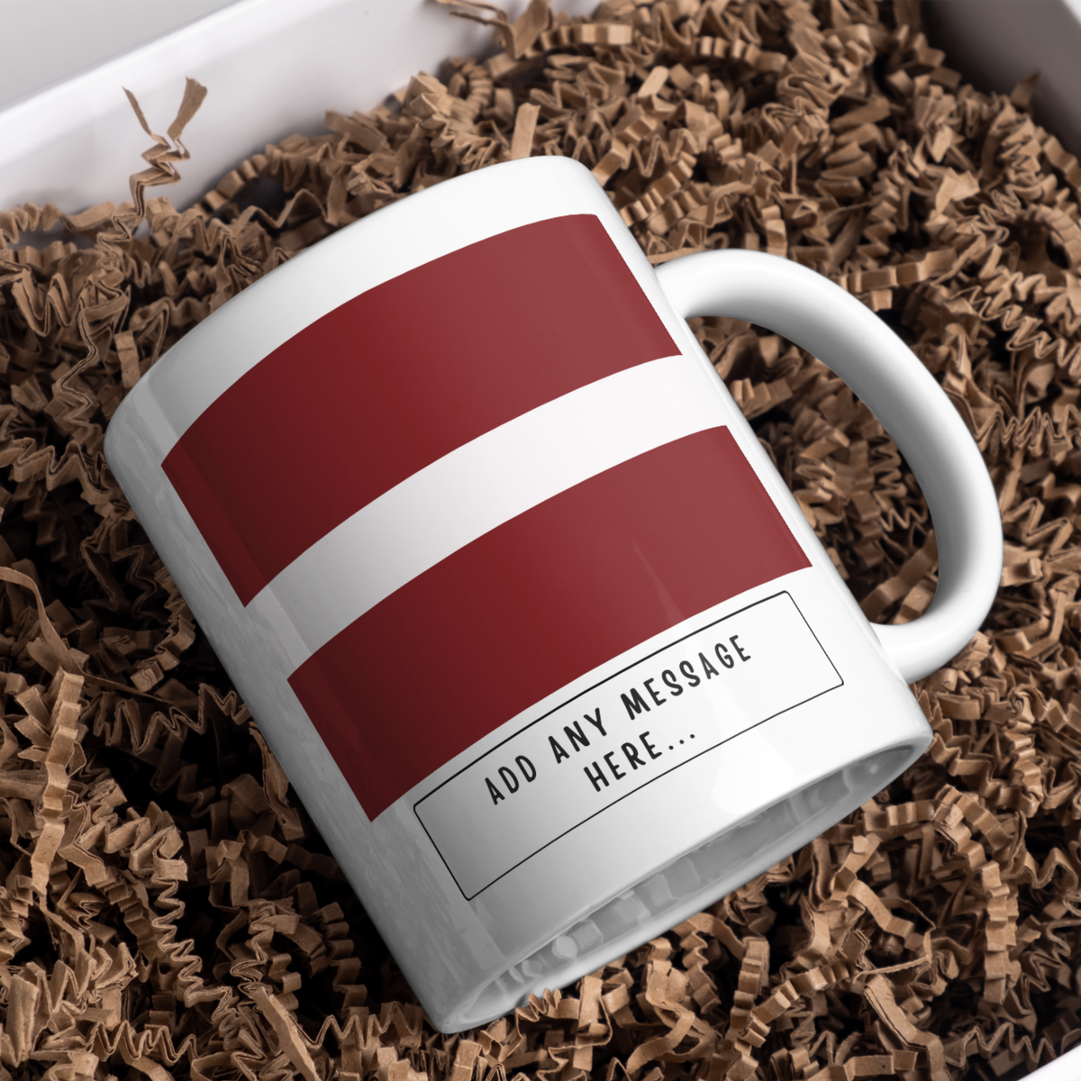 Personalised Latvia flag mug – gift presentation on paper packing