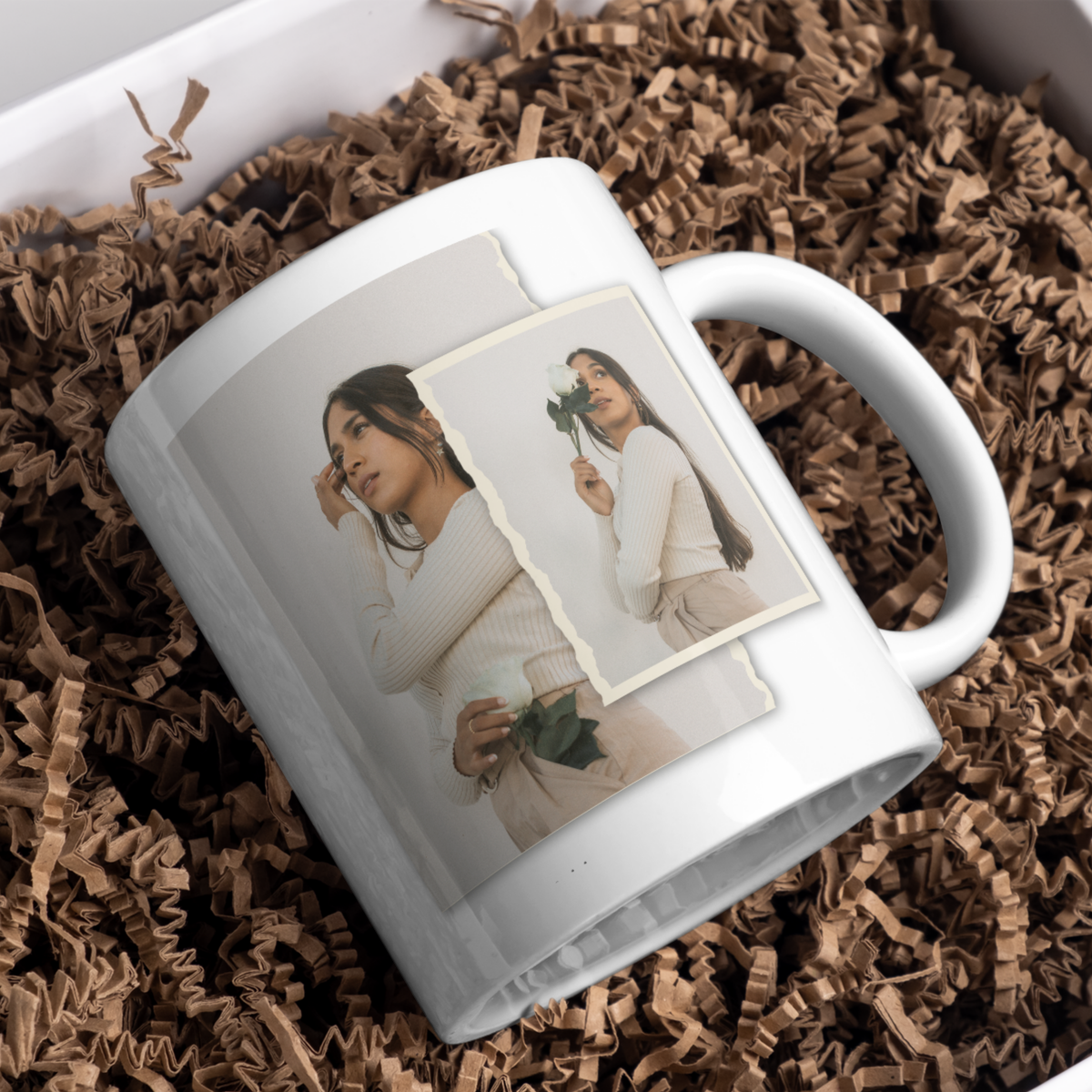 Layered Two Photo Mug – gift presentation with example photos