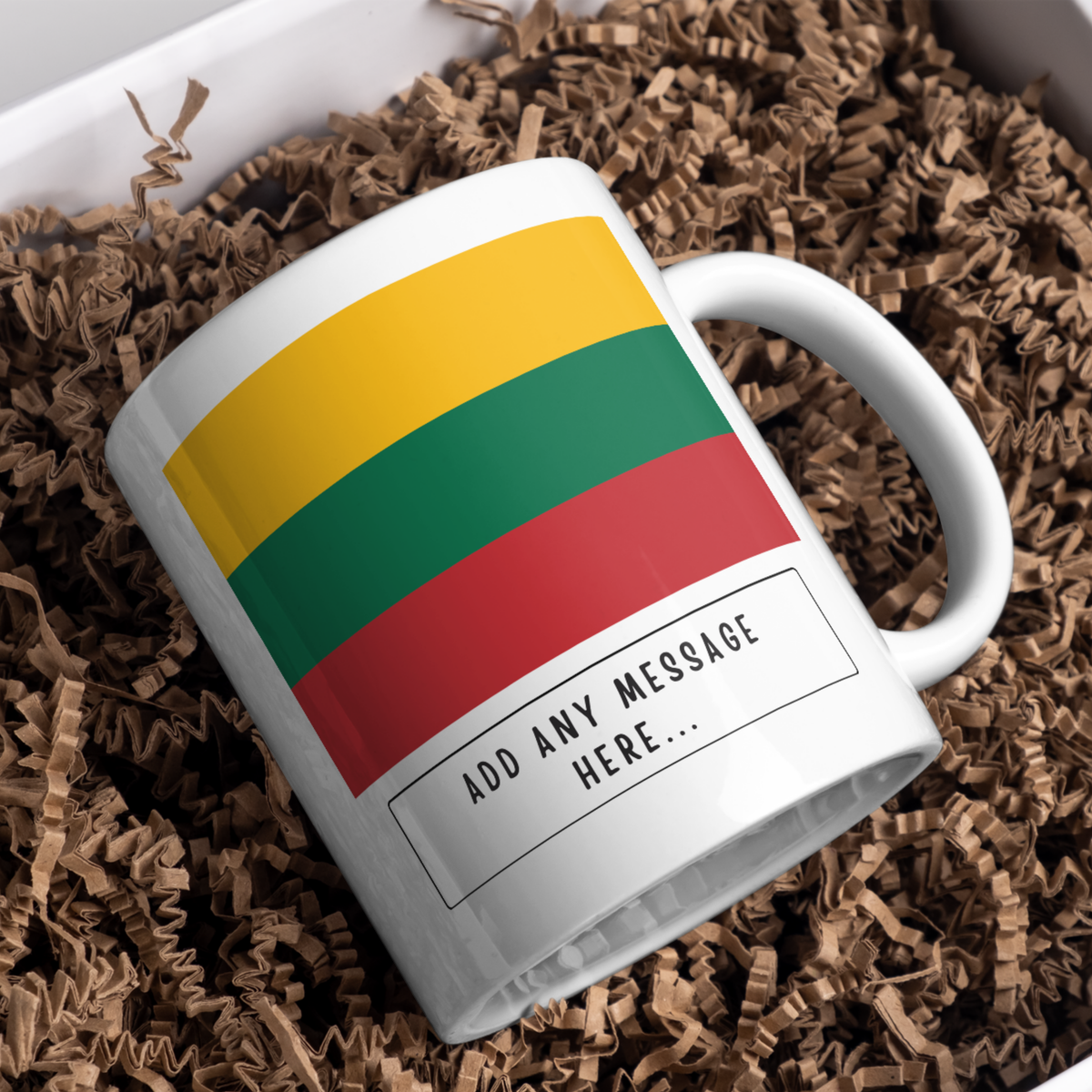 Personalised Lithuania flag mug – gift presentation on paper packing