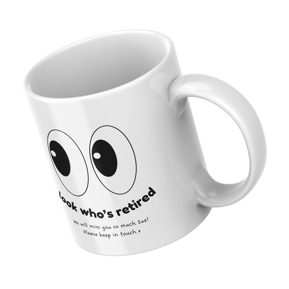 Look Whos Retired Cartoon Eyes Mug – angled view