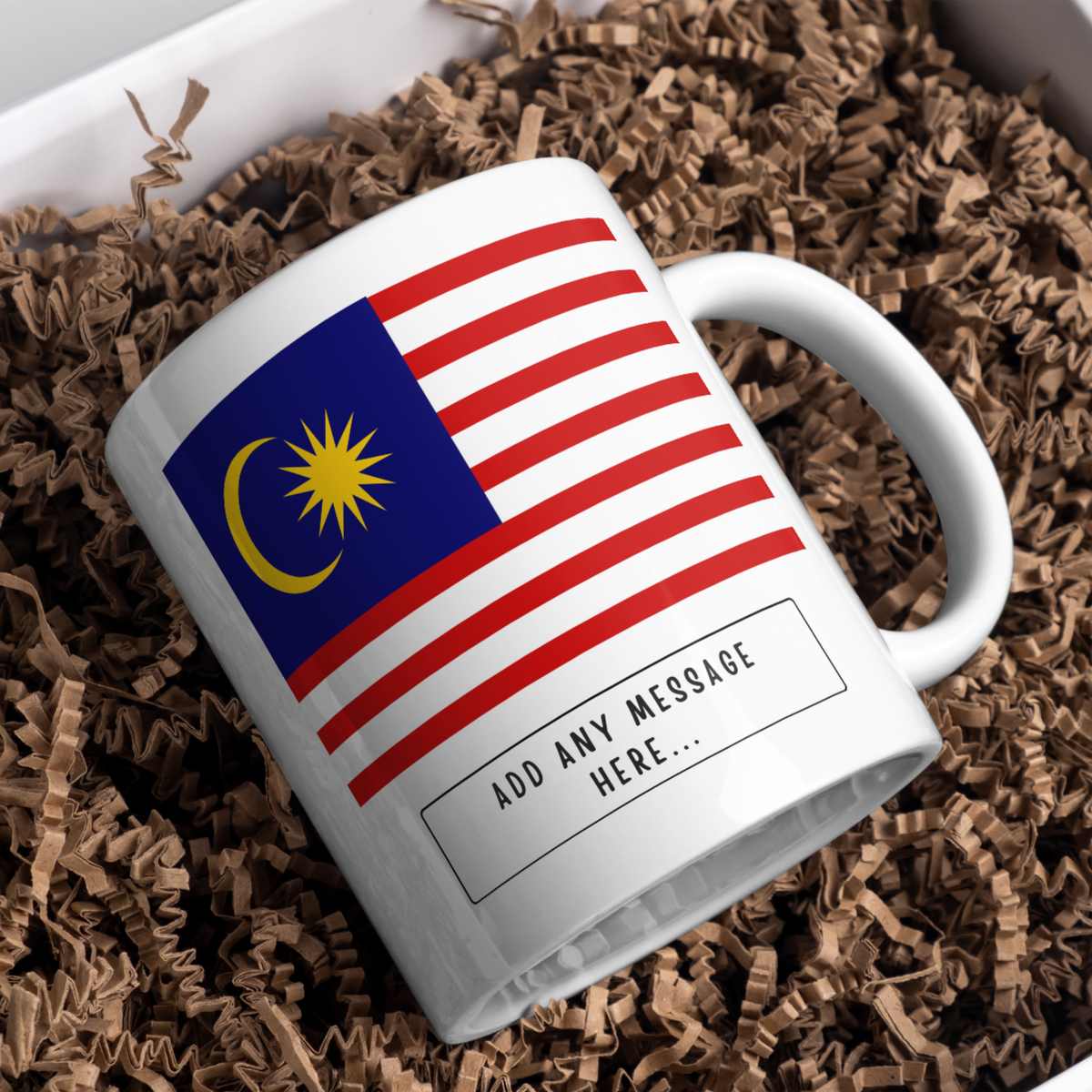 Personalised Malaysia flag mug – gift presentation on paper packing
