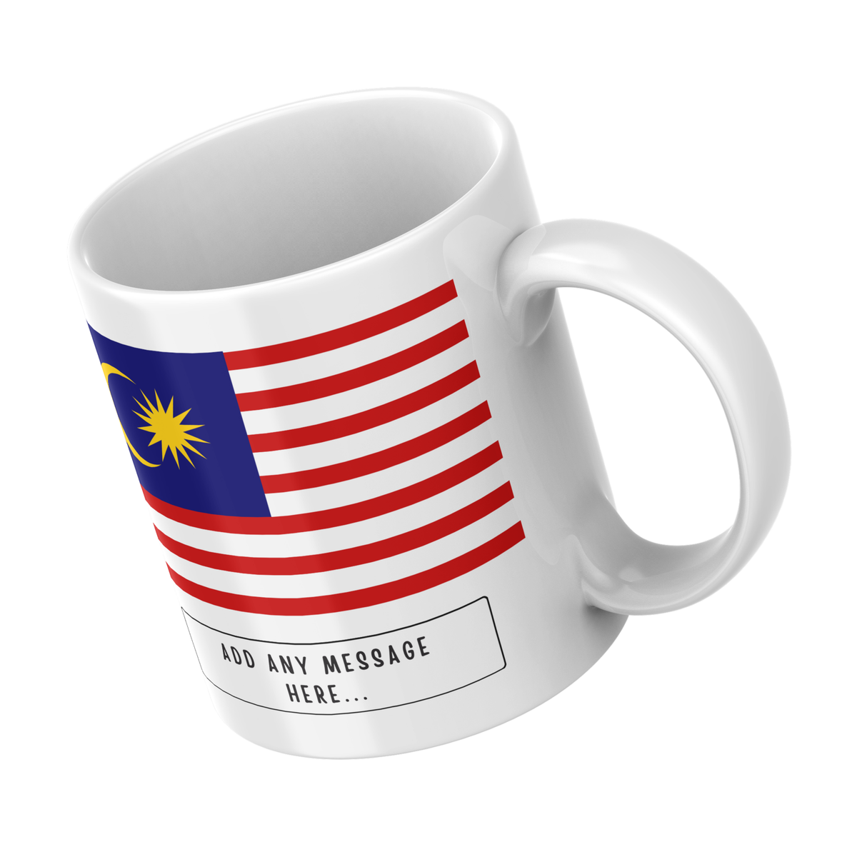 Personalised Malaysia flag mug – angled view