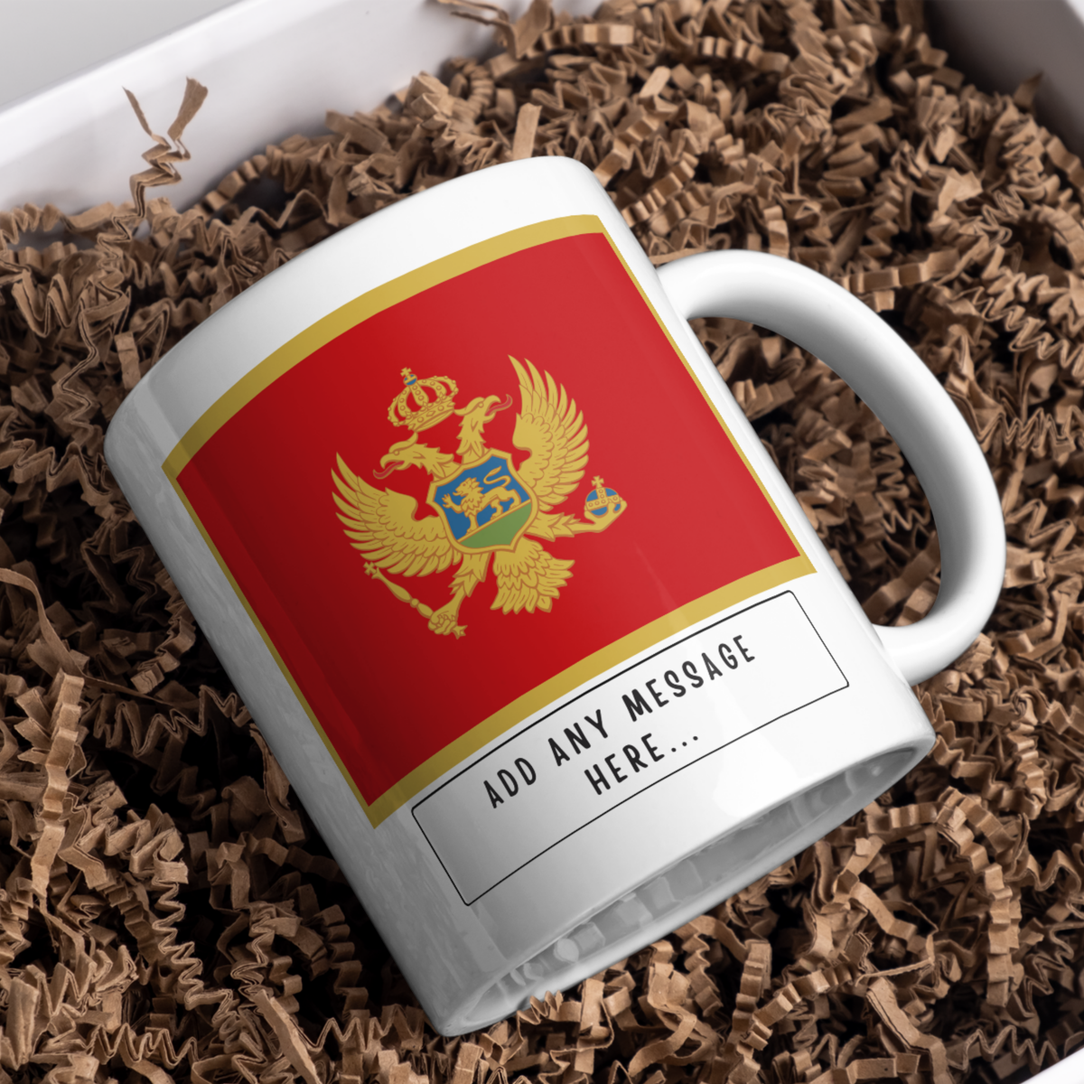 Personalised Montenegro flag mug – gift presentation on paper packing