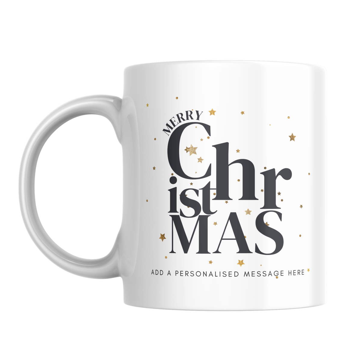 Moon and Stars Christmas Lettering Mug – front view