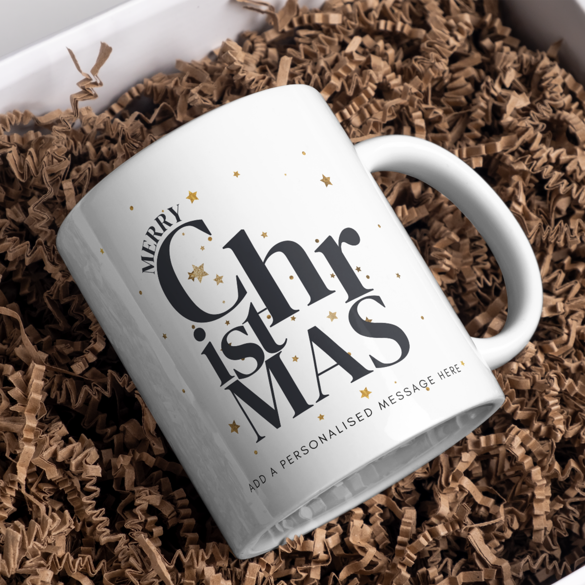 Moon and Stars Christmas Lettering Mug – gift presentation on paper packing