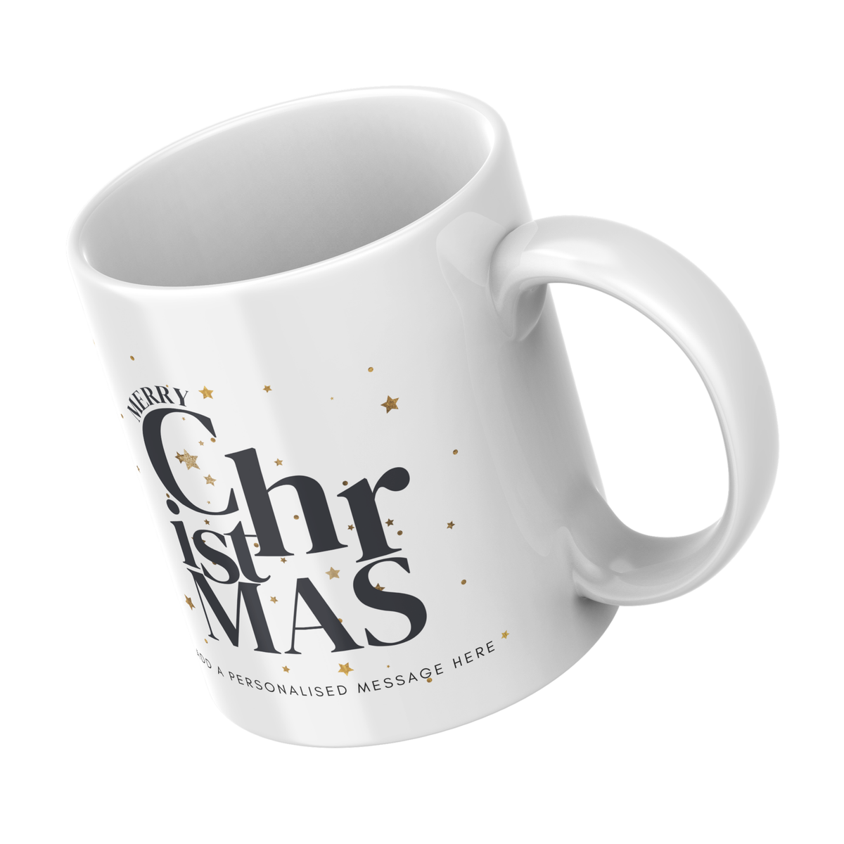 Moon and Stars Christmas Lettering Mug – angled view