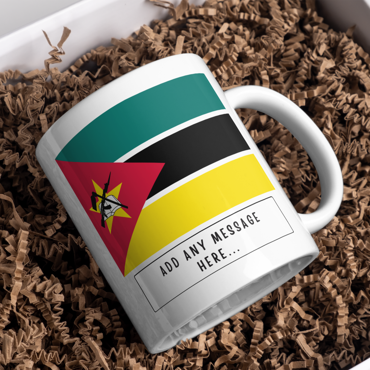 Personalised Mozambique flag mug – gift presentation on paper packing