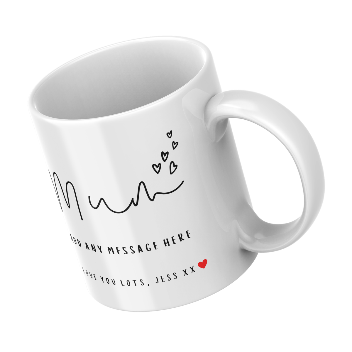 Mum Script and Hearts Mug – angled view