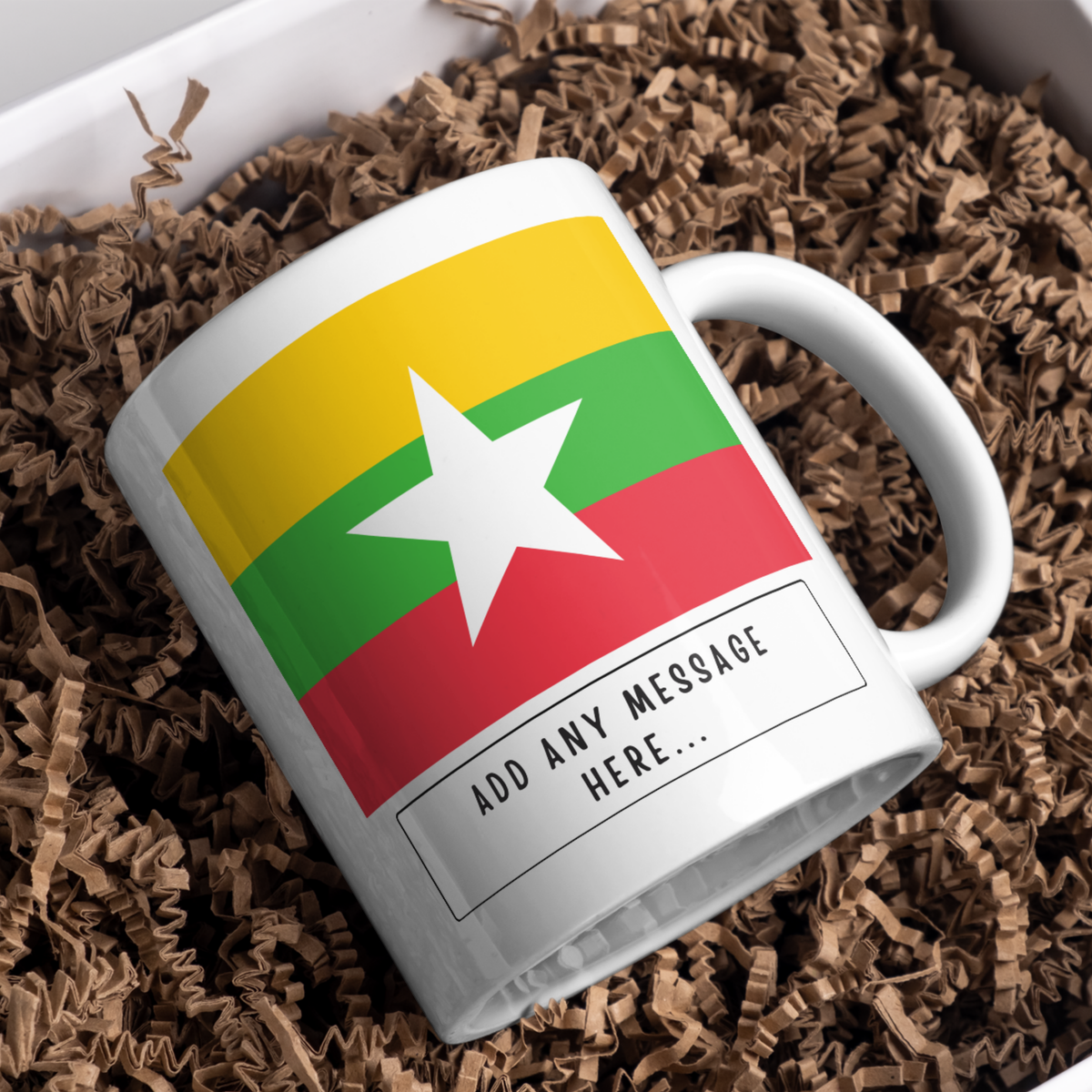 Personalised Myanmar flag mug – gift presentation on paper packing