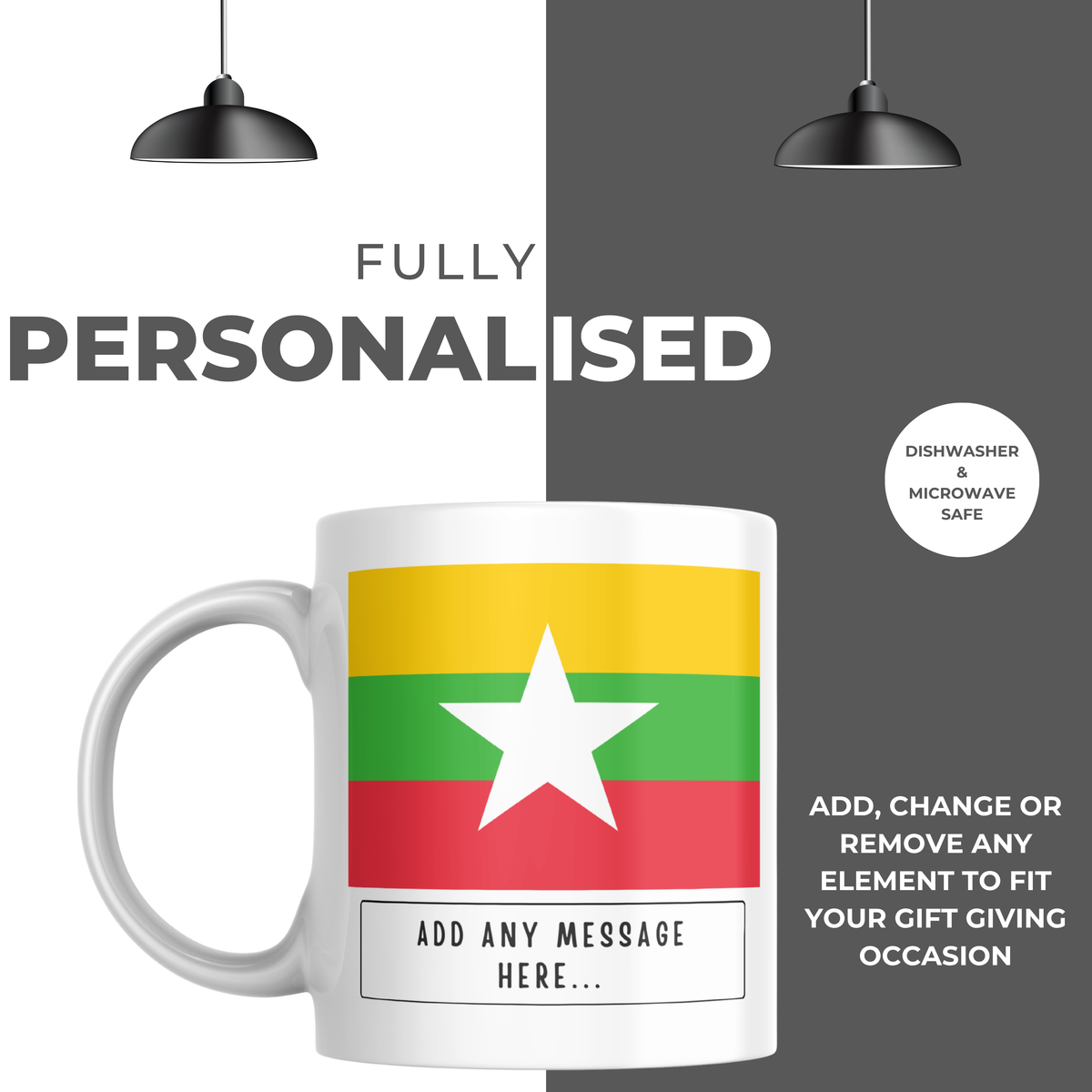 Personalised Myanmar flag mug – personalisation and care information
