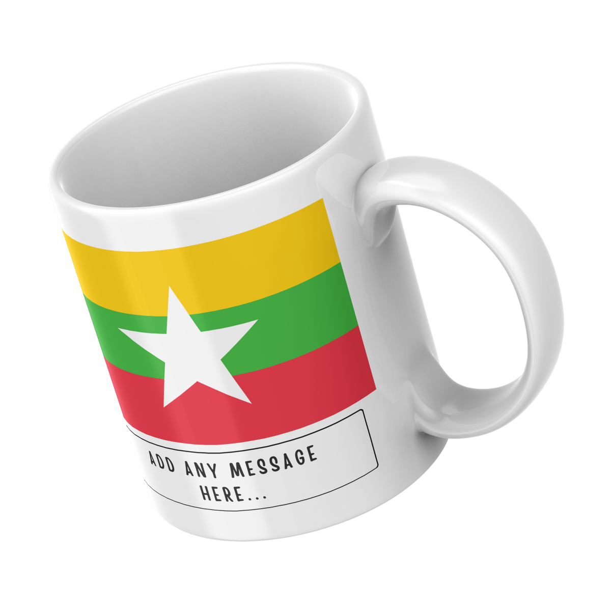 Personalised Myanmar flag mug – angled view