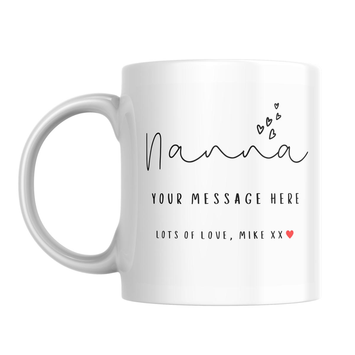 Nanna Script and Hearts Mug – front view