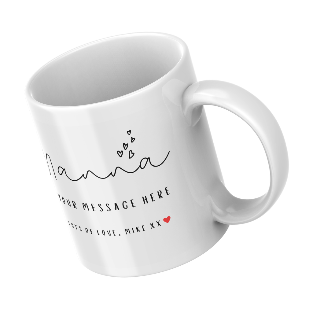 Nanna Script and Hearts Mug – angled view