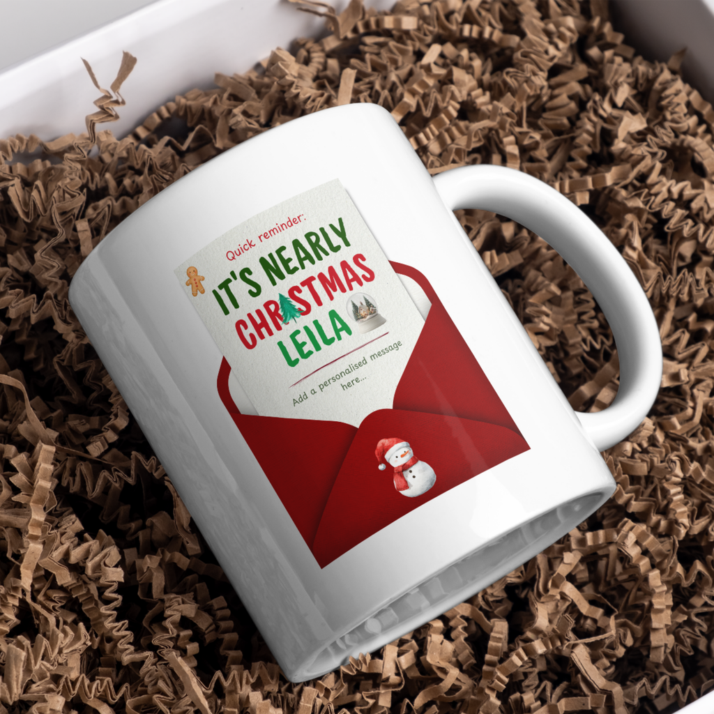 Nearly Christmas Envelope Name Mug – gift presentation on paper packing