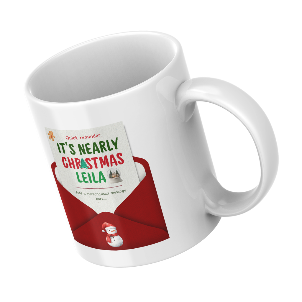 Nearly Christmas Envelope Name Mug – angled view