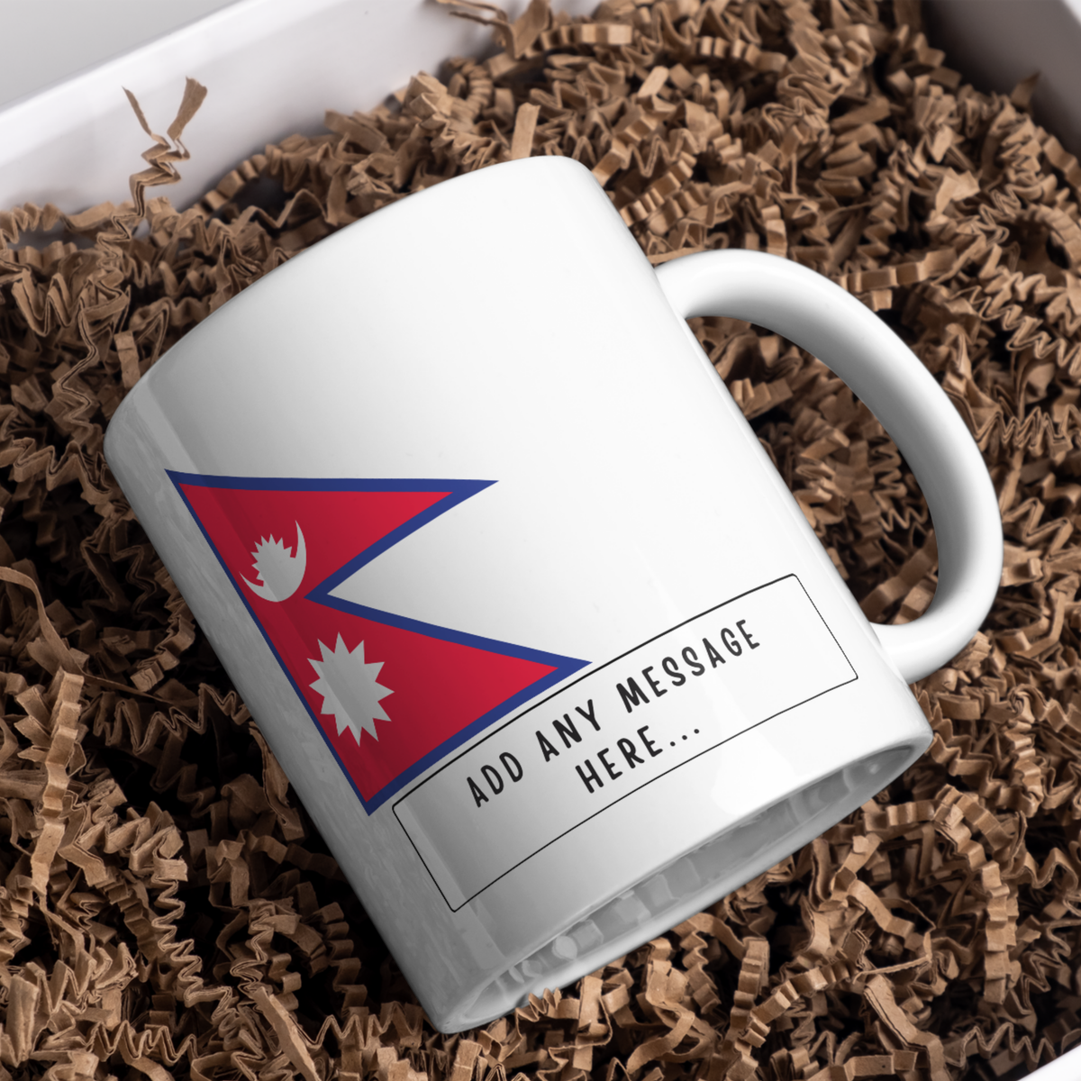 Personalised Nepal flag mug – gift presentation on paper packing