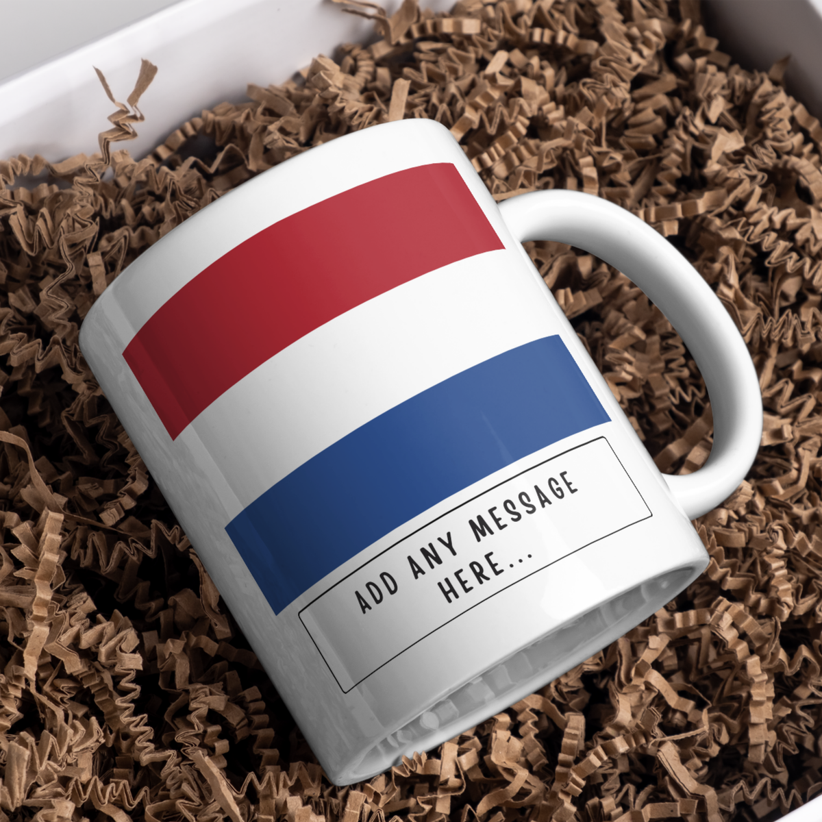 Personalised Netherlands flag mug – gift presentation on paper packing