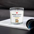 House + Love + names personalised new home candle on an open magazine