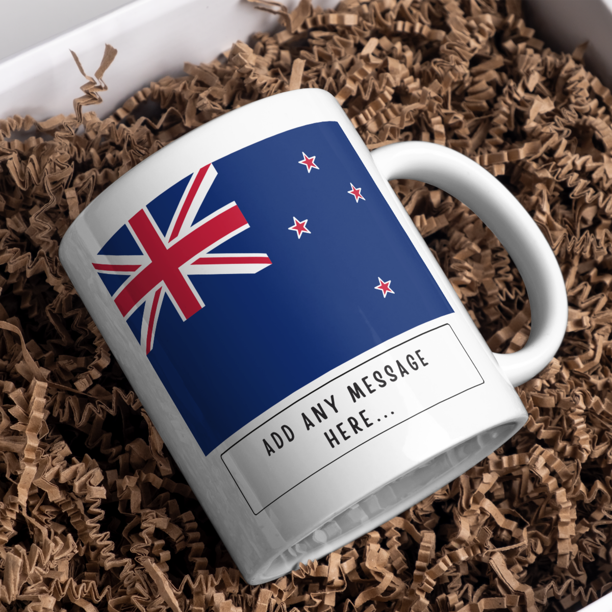 Personalised New Zealand flag mug – gift presentation on paper packing