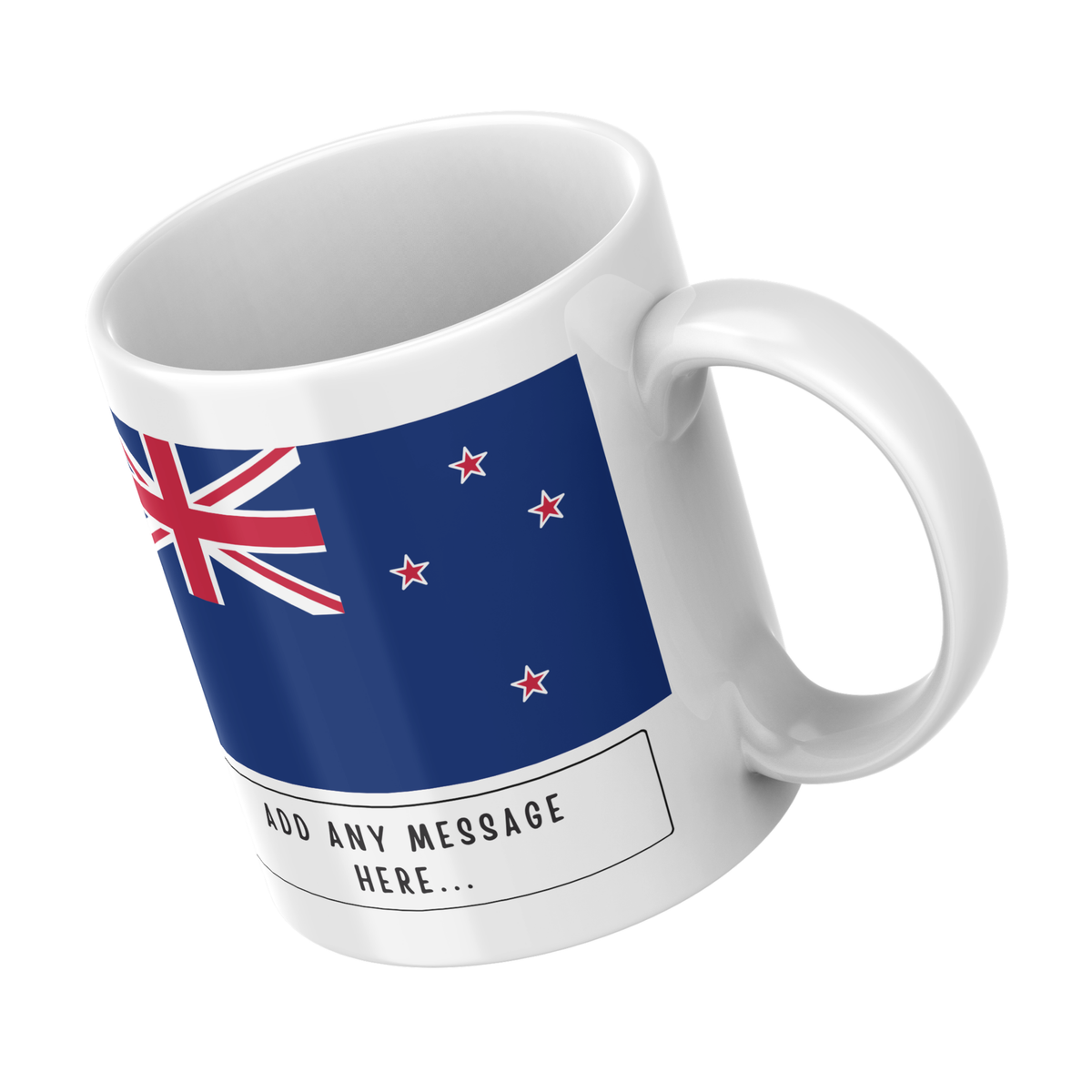 Personalised New Zealand flag mug – angled view