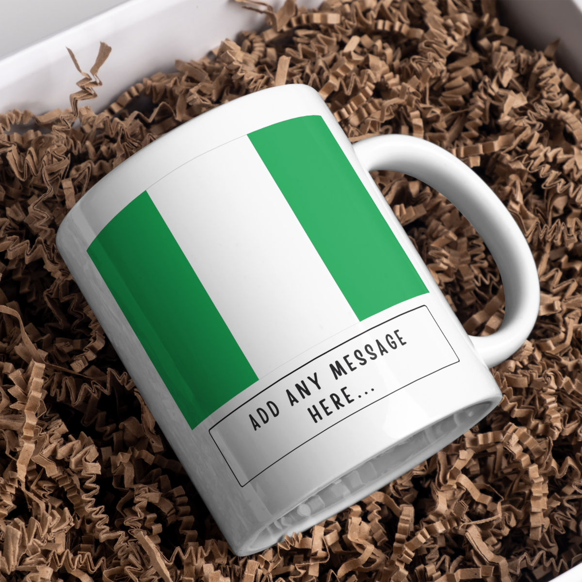 Personalised Nigeria flag mug – gift presentation on paper packing