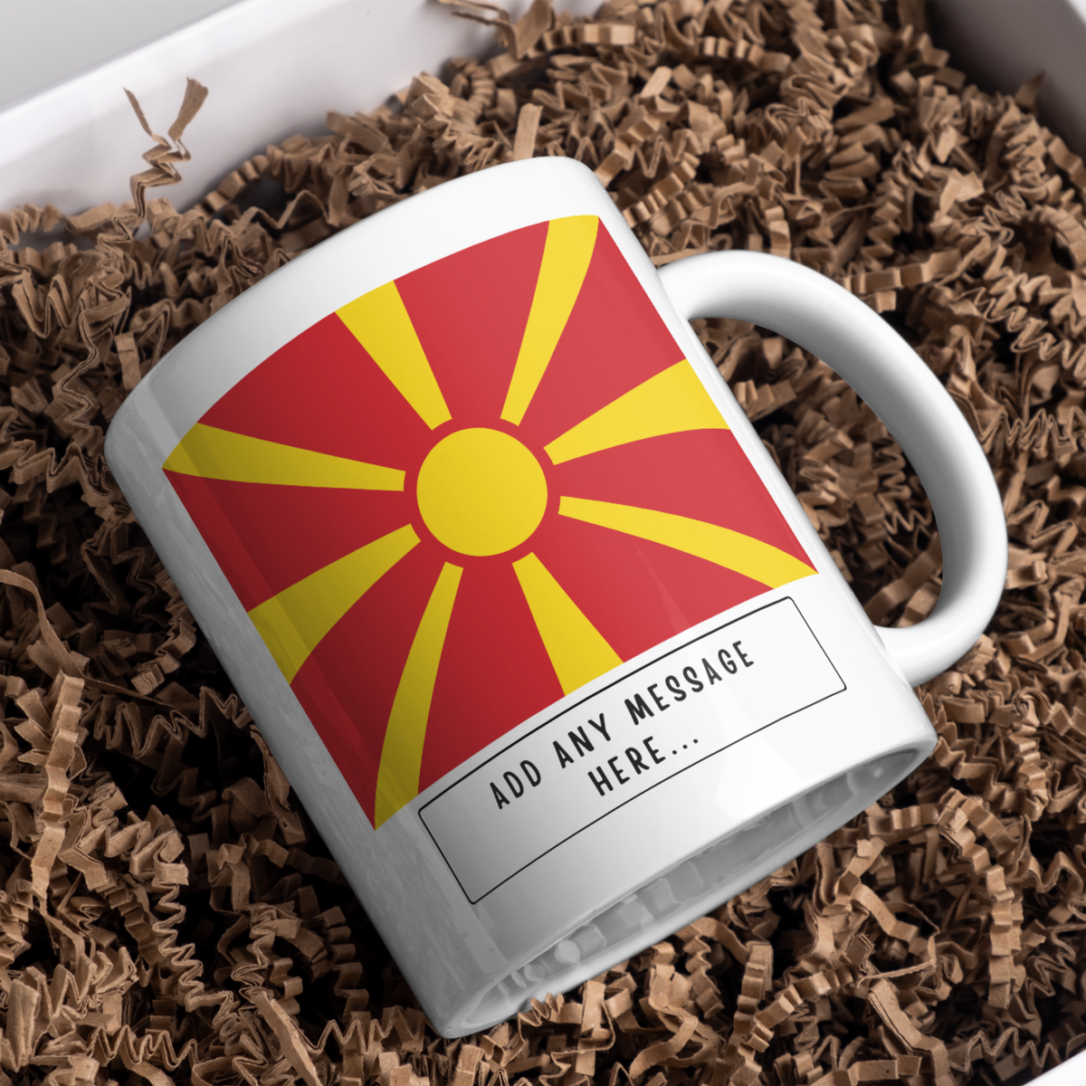 Personalised North Macedonia flag mug – gift presentation on paper packing