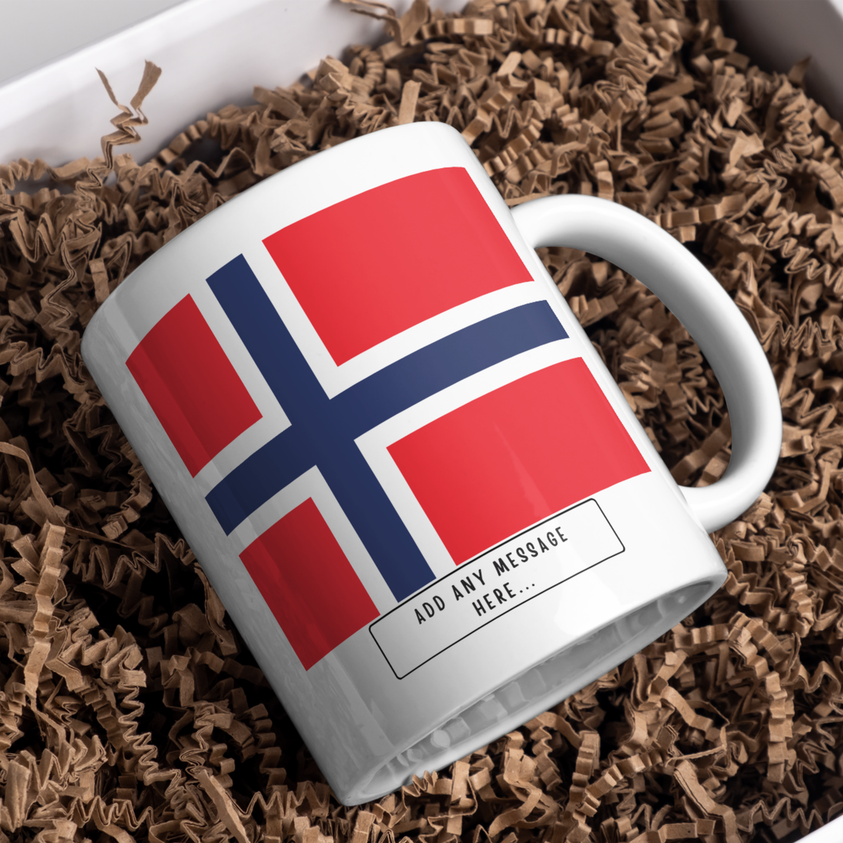 Personalised Norway flag mug – gift presentation on paper packing