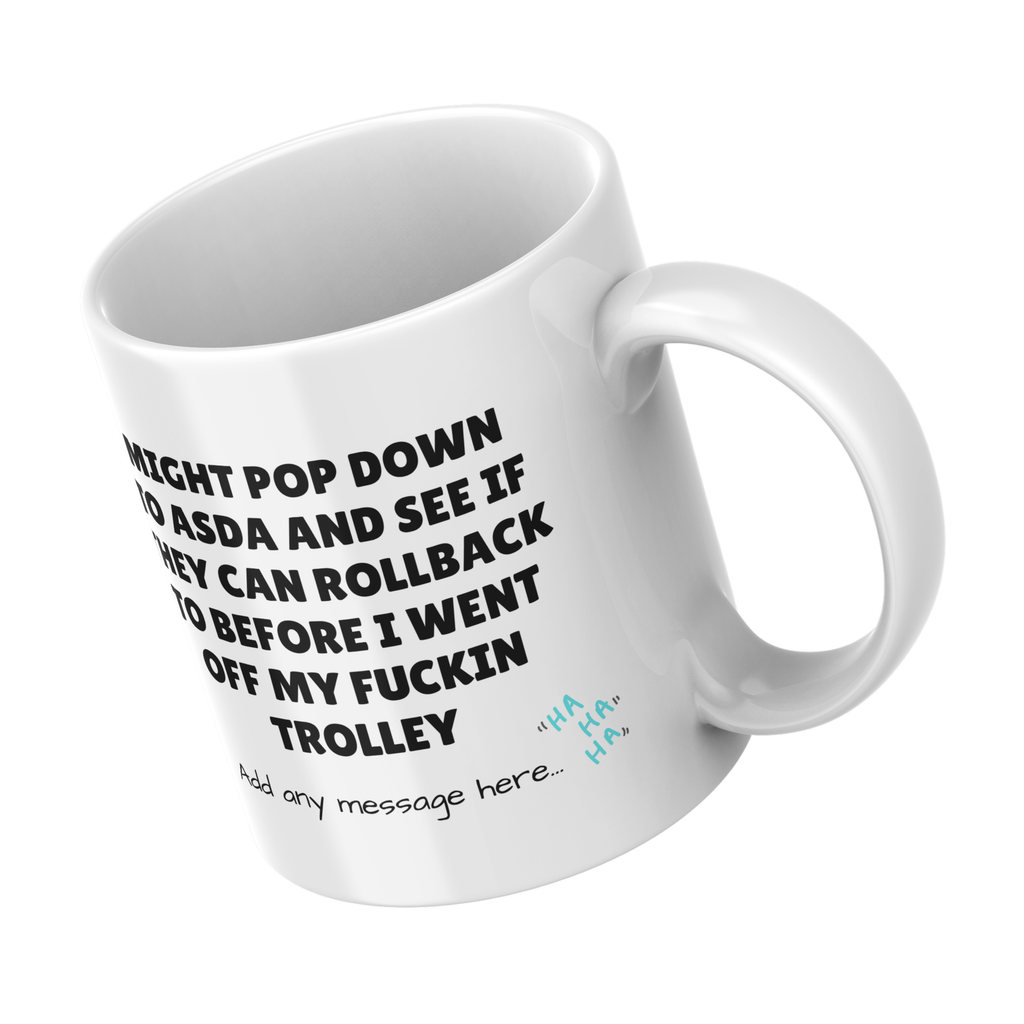 Off My Trolley Supermarket Mug – angled view