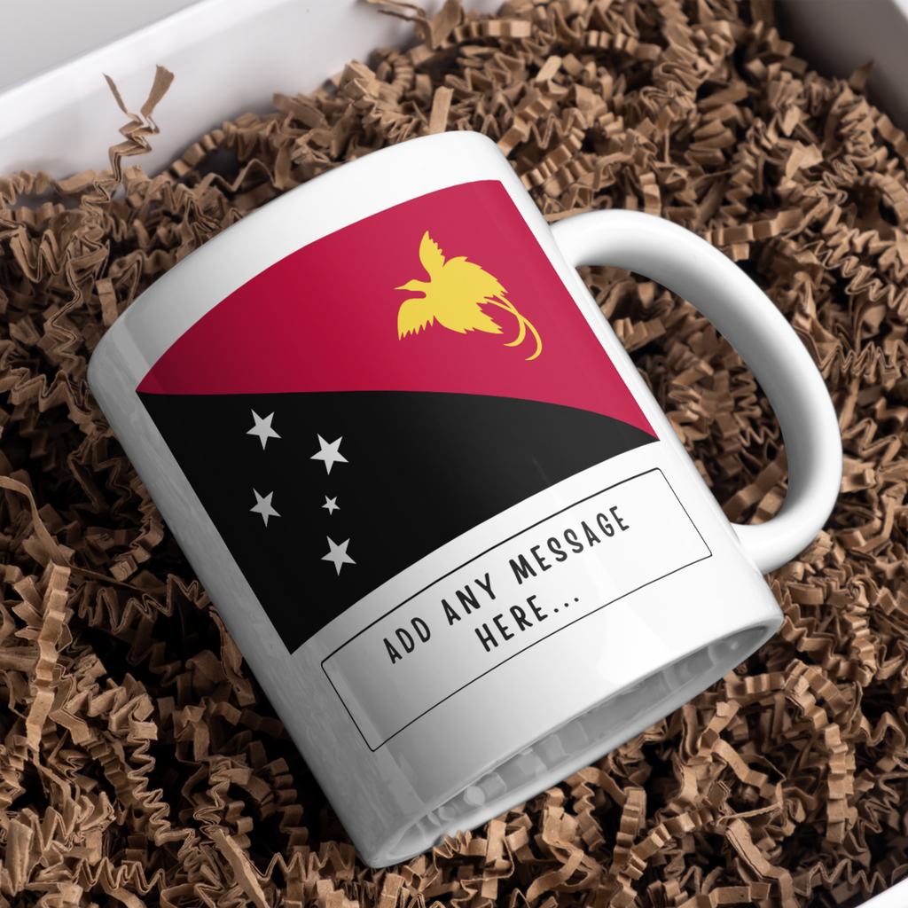 Personalised Papua New Guinea flag mug – gift presentation on paper packing