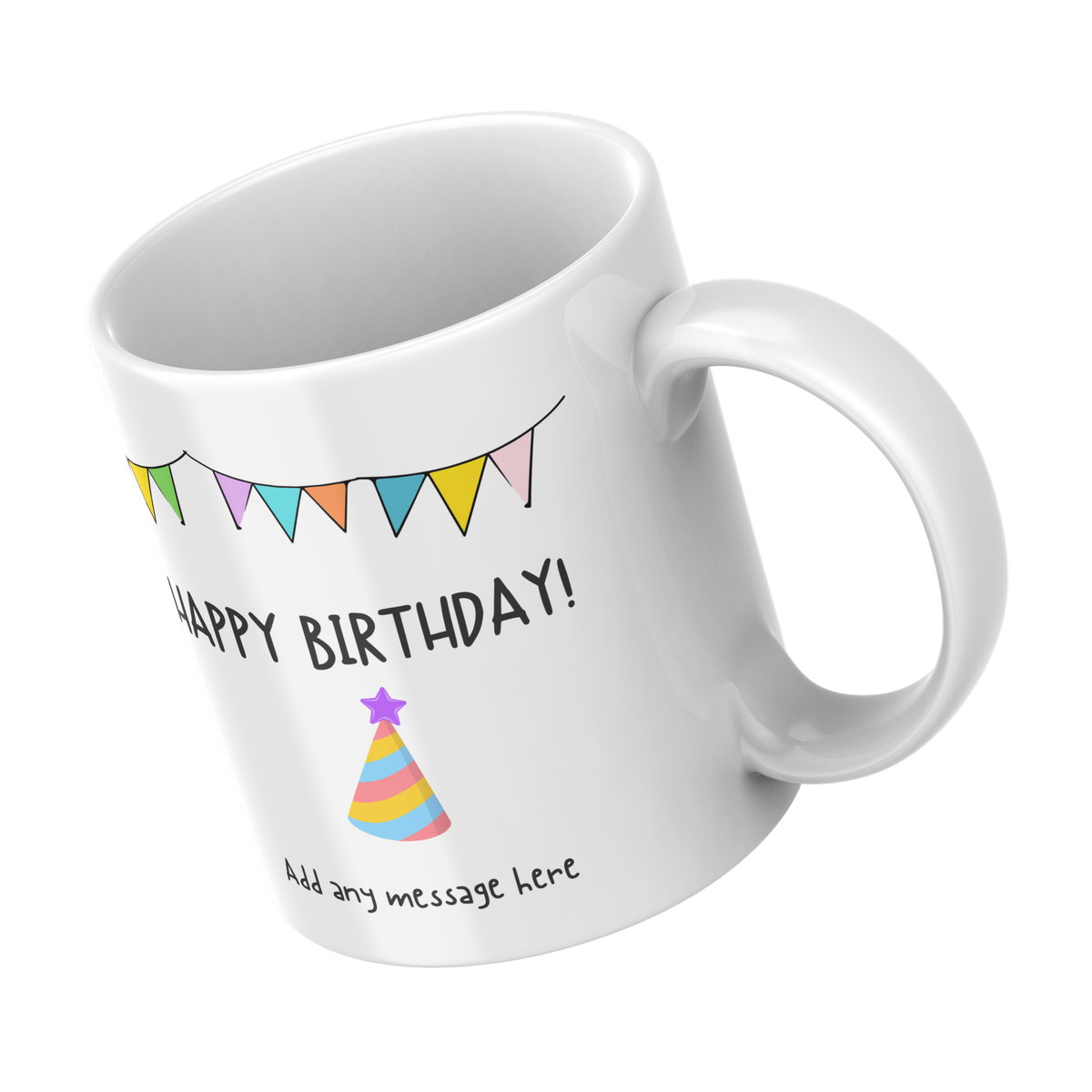 Party Hat and Bunting Birthday Mug – angled view