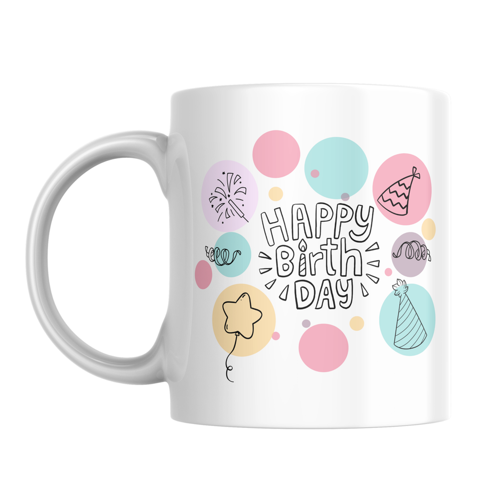 Pastel Party Doodle Birthday Mug – front view