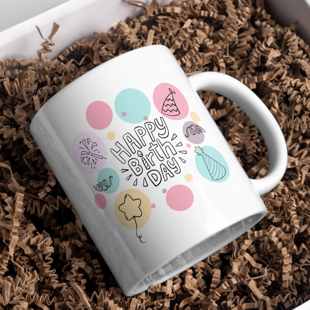 Pastel Party Doodle Birthday Mug – gift presentation on paper packing