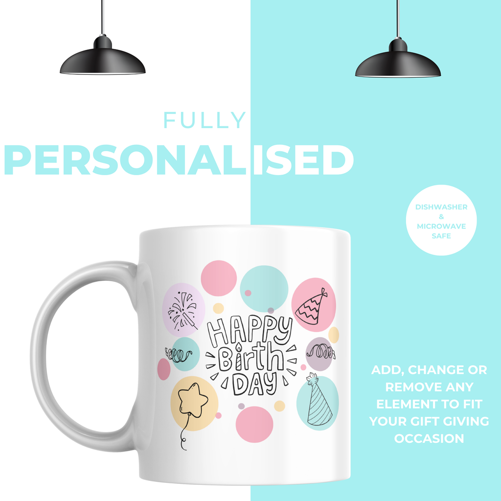Pastel Party Doodle Birthday Mug – personalisation information