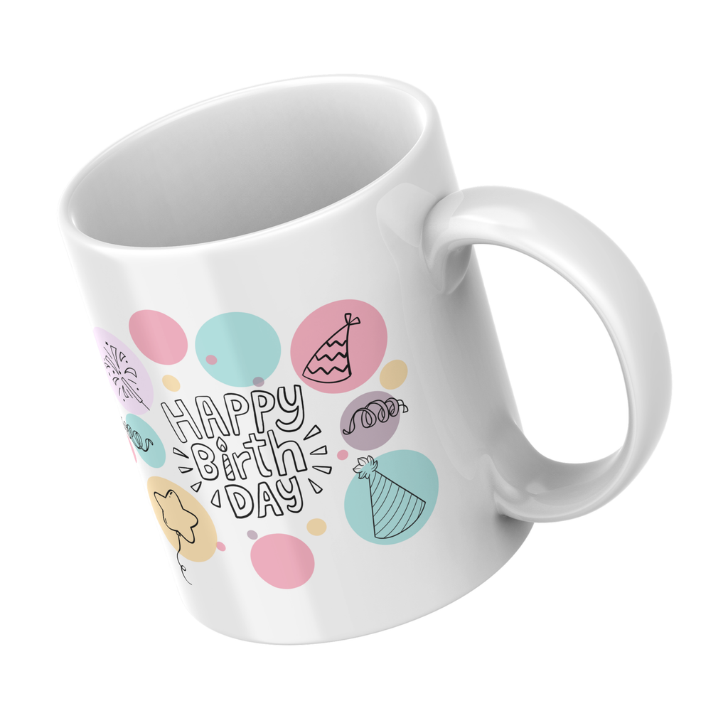 Pastel Party Doodle Birthday Mug – angled view